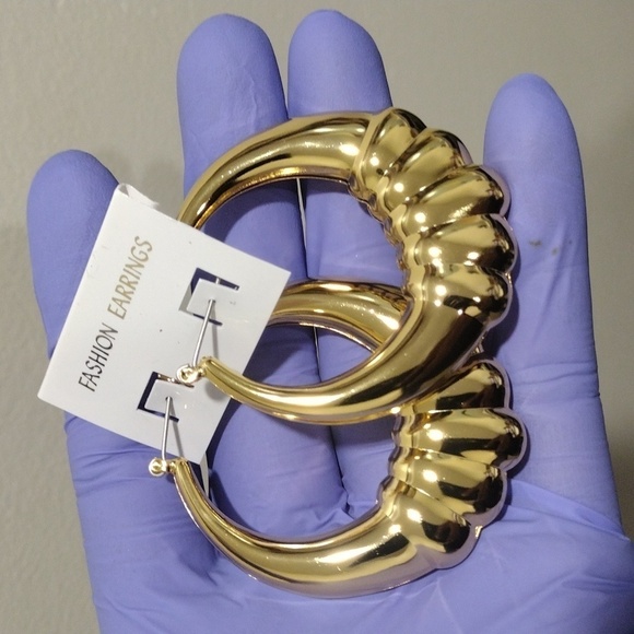 Women's Polished Gold tones, Circle Shape Designed Hoop Drop Earrings, 2.25", #4 - Picture 4 of 5